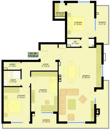 Планировка квартиры с 3 спальнями в комплексе Фамилия в центре Варны - продажа апартаментов Id 181