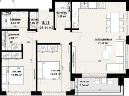 ID 556 План апартамента с 2 спальнями